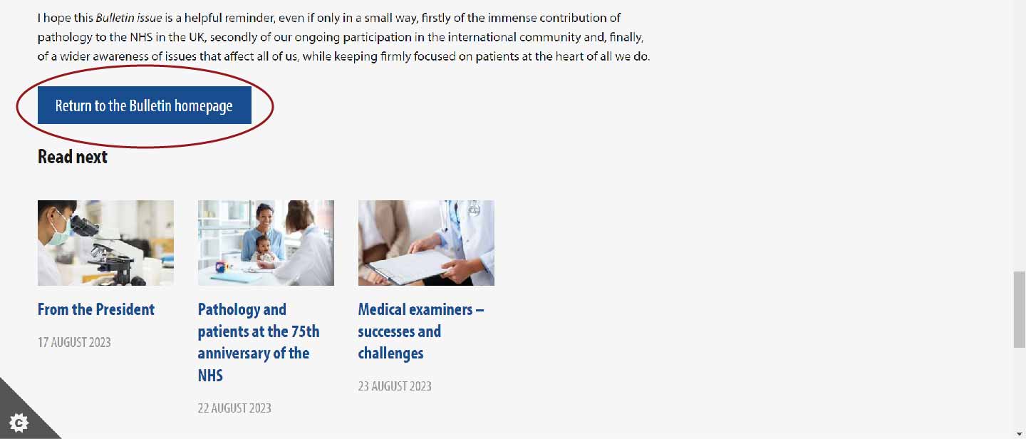 A screenshot showing a blue button that says return to the Bulletin homepage which is how you navigate back to the homepage